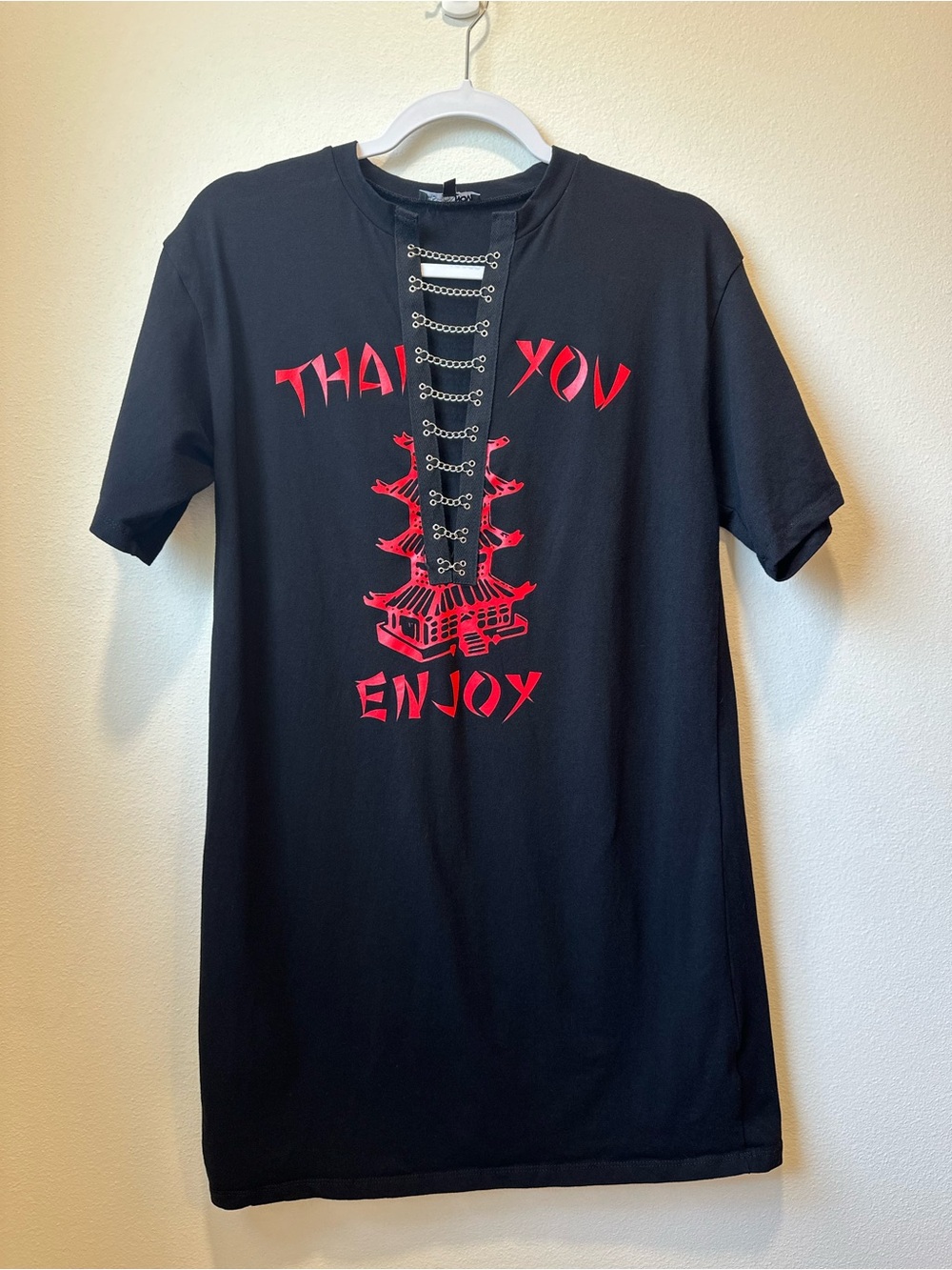 Fashion Nova Black Red Graphic Chain Lace Up T-Shirt Dress Size S